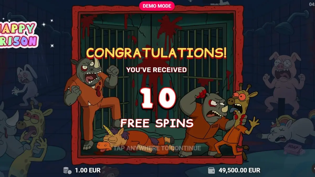 Tampilan visual slot Happy Prison dengan karakter kartun unik di balik jeruji besi